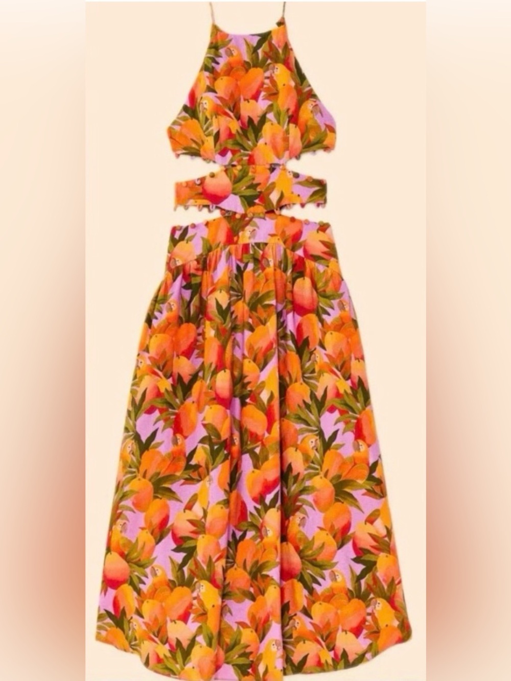 NWT FARM Rio Mango Macaws Midi Dress in Mango Macaws Lilac - Size L - Picture 2 of 4